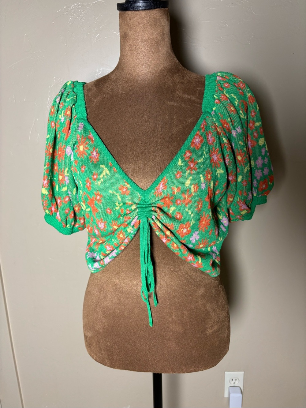 525 America Green Floral Drawstring V-Neck Crop Top